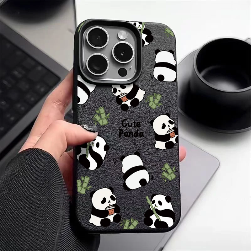 Luxury Leather Texture Silicone Case For iPhone 16 Pro Max Coque iPhone 15 Pro Max 14 13 12 11 Cute Baby Panda Print Cover Funda
