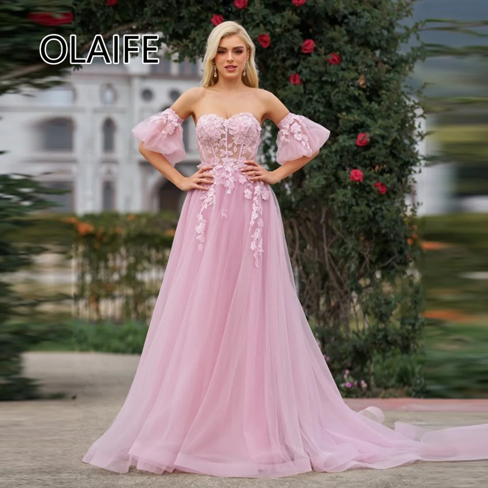 Graciosa querida colarinho tule vestidos de noiva de baile com apliques rendas a linha backelss destacável puff manga vestidos personalizados