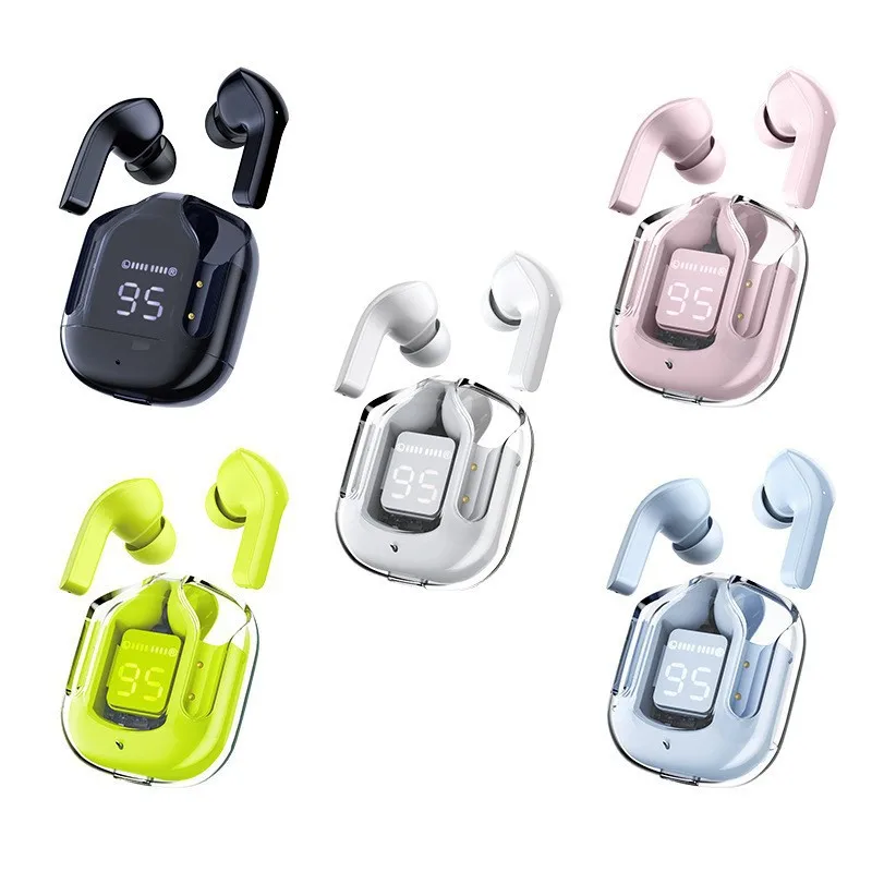 Transparent Crystal Charging Case with LED Digital Display In-Ear Earphones Durable ABS Material Fashionable Color Options