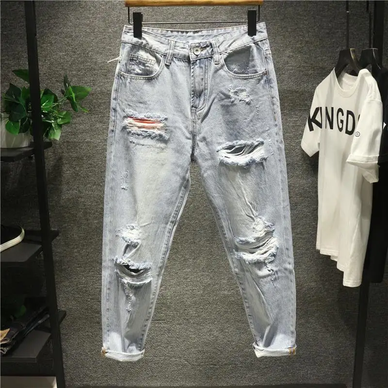 

MEN's Casual Denim Jeans Loose-fit with Ripped Patches and Frayed Hems for Spring and Autumn Washed Harem Cotton Trousers Male