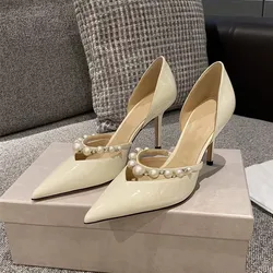 Star style Luxury Pearls Rhinestones Patent Leather Women Pumps Elegant Pointed toe Thin High heels Female Party Wedding Shoes
