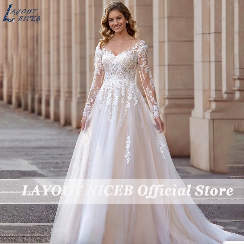 LAYOUT NICEB Vintage Long Sleeve Wedding Dress Lace Appliques Robe De Mariée Illusion Back With Button Custom Made Sweep Train