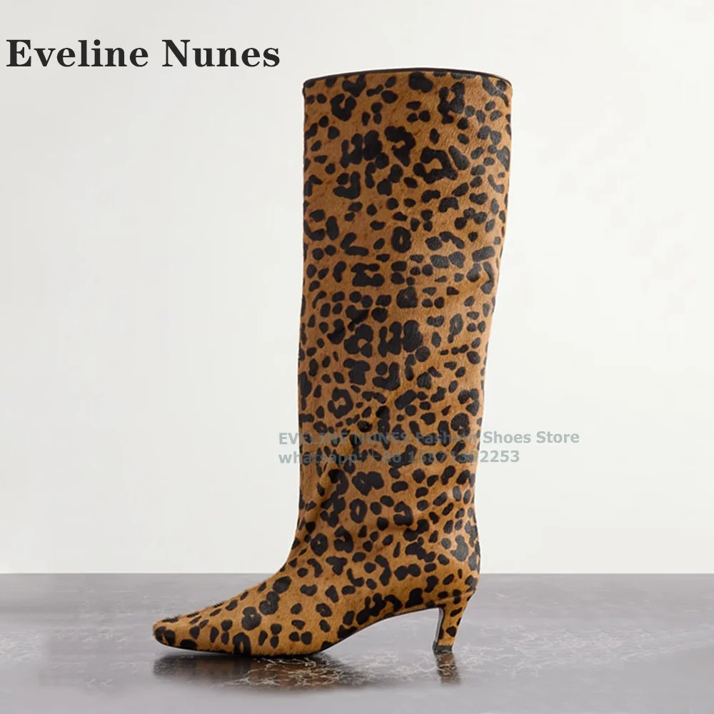 Leopard Horsehair Sexy Knee-High Boots Square Toe Mid Heels Pull On Large Size Spicy Girl Women Fashion Booties 2024 New Style