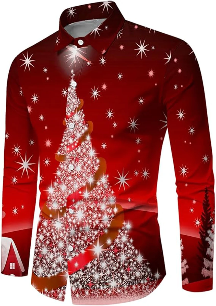 

Men's New Old Man Reindeer Fir Tree Star Print Holiday Theme 3D Printed Shirt Long Sleeve Lapel Hawaiian Beach Vacation Clothes