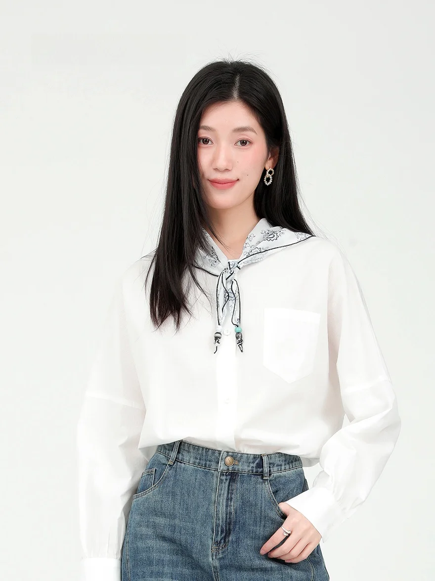 

Elegant Long Sleeve Shirt Women's Cotton Lyocell Blend Casual Style Office Wear with Silk Scarf Collar Spring 2026 Design