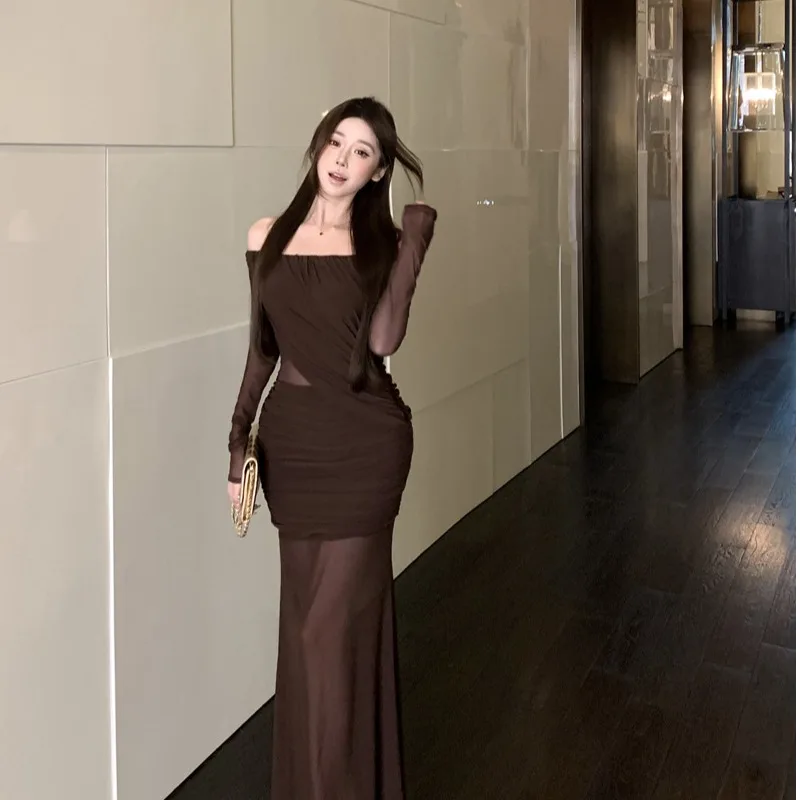 Oulder Bared Long Sve Bodycon Dr with Me Trim cintura ceñida Otoño Invierno nueva versión coreana Sle Falda larga Dr