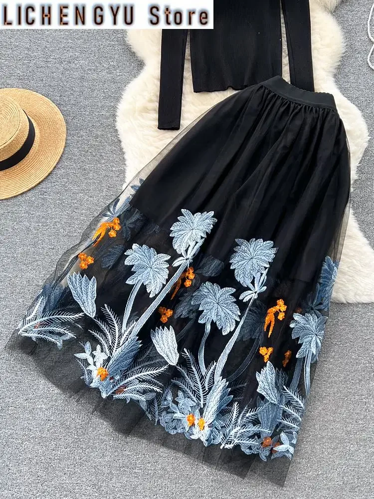 Casual Two Piece Set For Women Long-sleeve Knitted Sweater High Waist Embroidery Mesh Skirt Suit Winter Spring