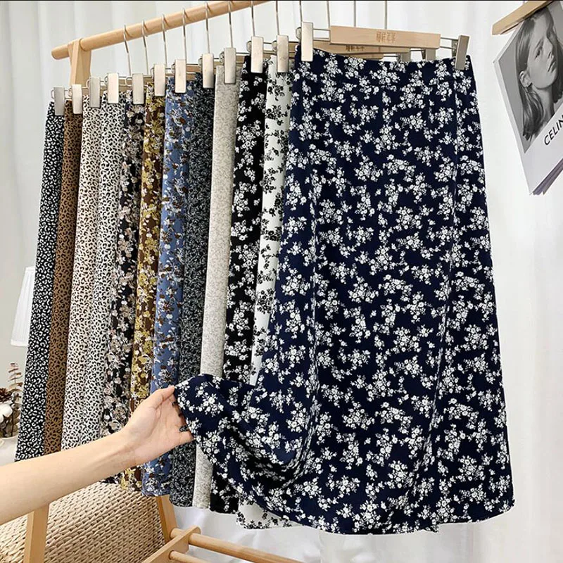 

New Summer Fashion High Waist Midi Skirt Sweet Floral Vintage Chiffon Beach Skirts Womens Korean A-line Pleated Skirt