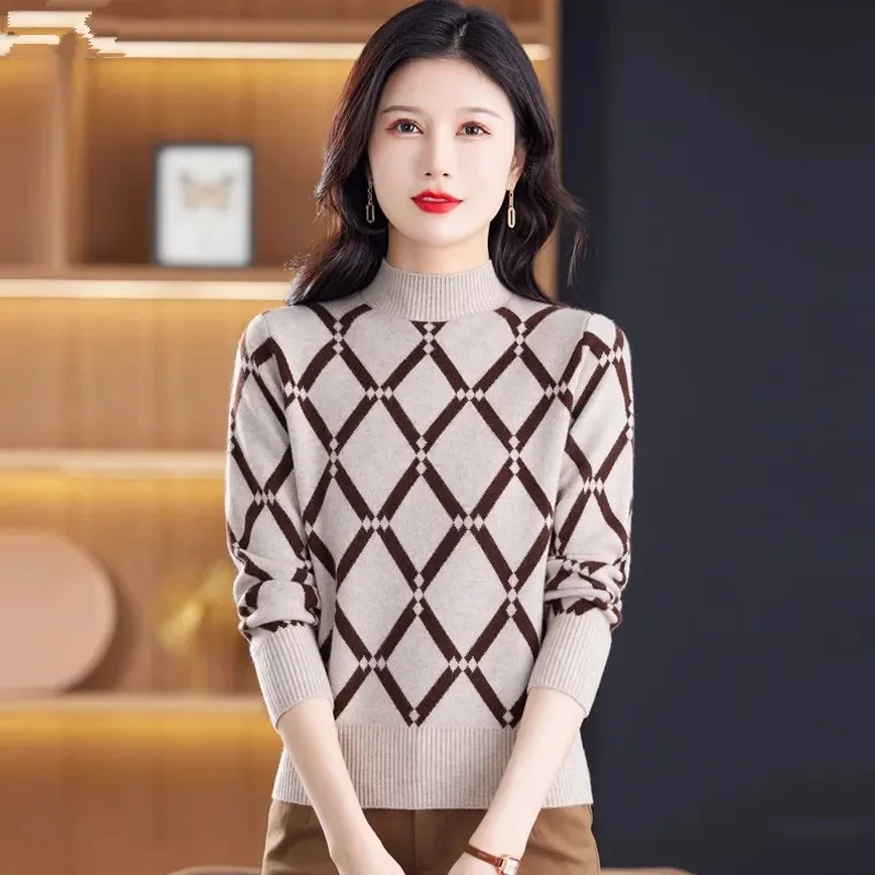 2024 New Sweater Women\'s New Spring Autumn Middle-Aged Mother Sweater High-Grade Round Neck Cover Belly Slim Bottoming Shirt