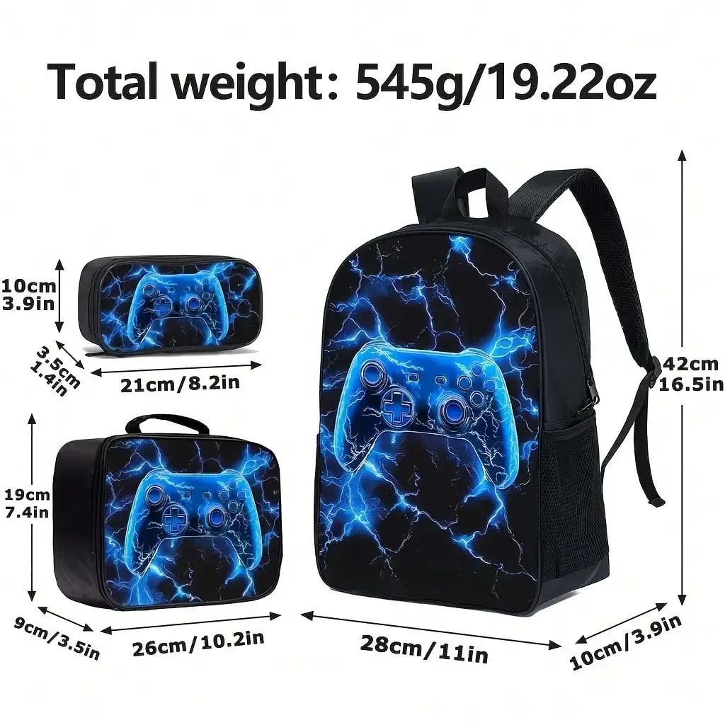 Cool Lightning-Themed Black Backpack Set, Featuring A Spacious Dual-Shoulder Bag.A Three-Piece Set For Boys, Including A Student Backpack., For Teenager, For Teenager