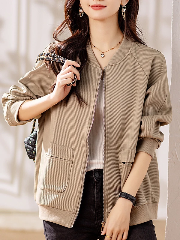 Faionable ort Baseball Jaet Women's plus Size Loose Versatile Ele Sle Long Sve Zipper Closure Striped Pattern