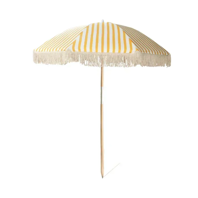 Super Cool Wooden Pole Parasols Tassels Patio Outdoor Decorative Custom Printing Beach Umbrella With Tassels Bali Umbrellas