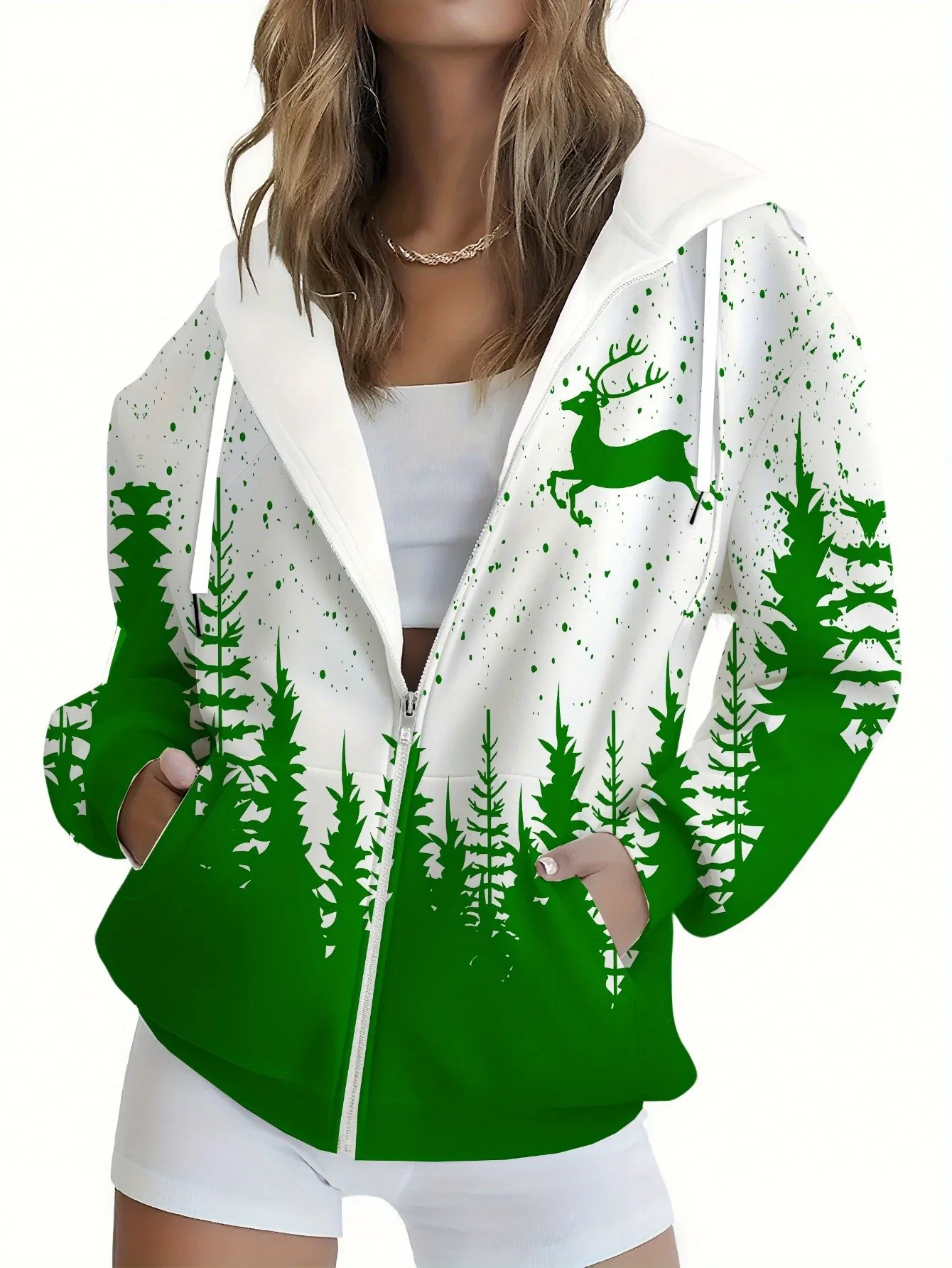 2026 Autumn/Winter Women's Zippered Hooded Sweatshirt Fashionable Versatile Comfortable 3D Deer Pattern Print