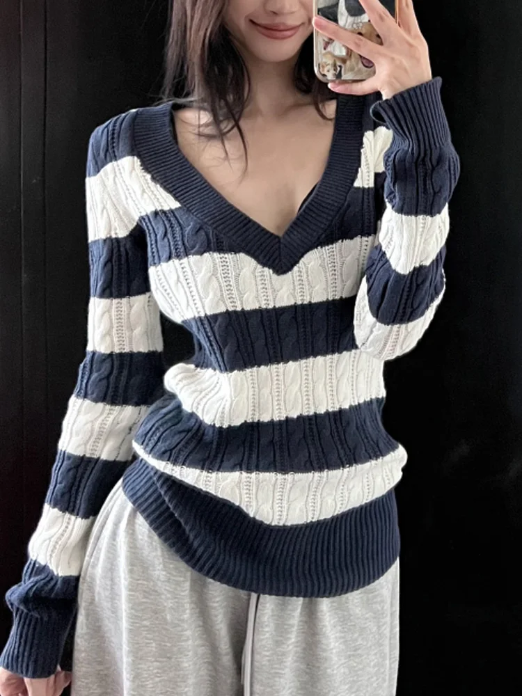 

New Winter Elegant Tops Fashion Sexy V Neck Pullovers Knitted Women's Sweaters Casual Long Sleeve Striped Autumn Y2k Knitwear