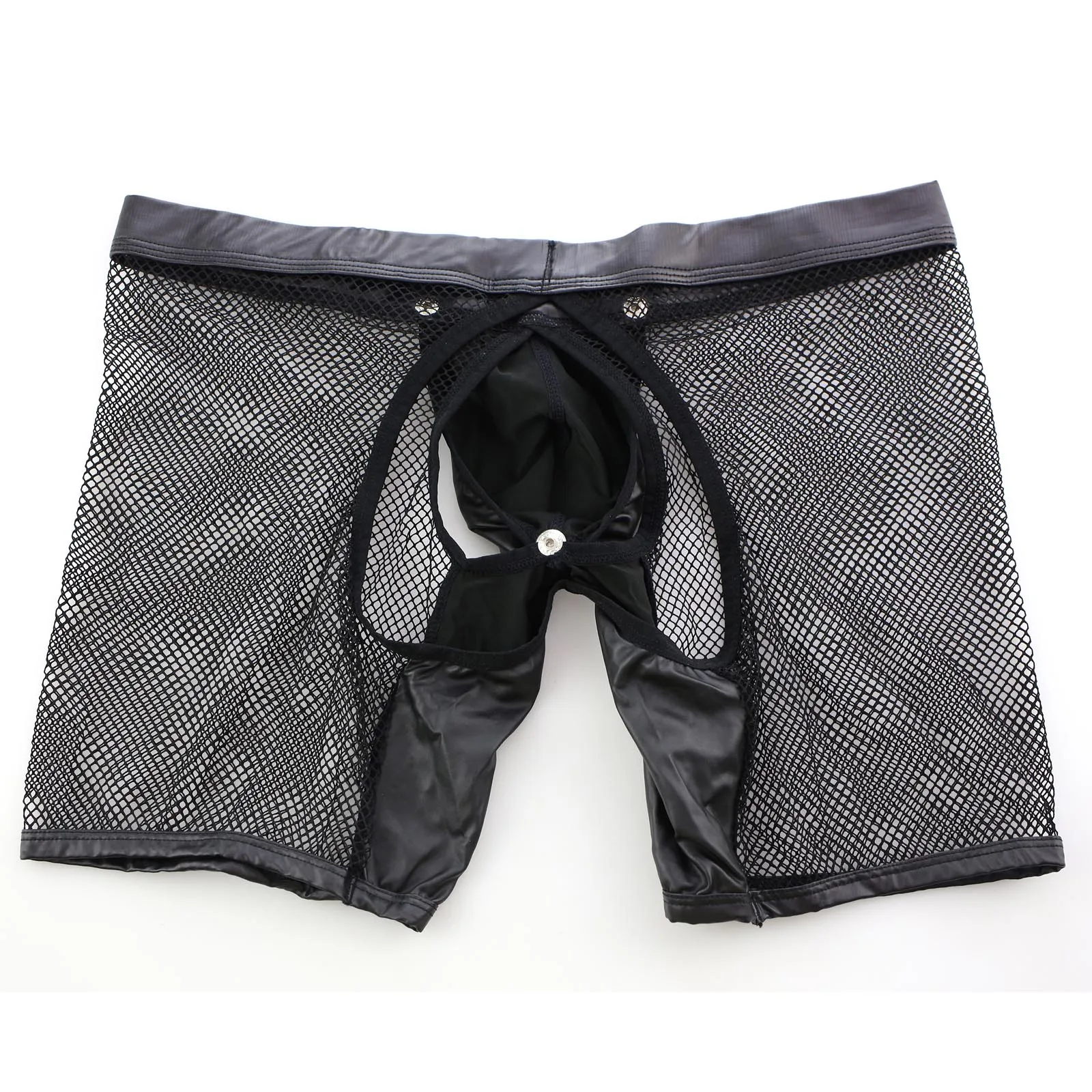 Sexy Mesh Dessous Männer Unterwäsche Boxer Shorts PU Leder Öffnen Penis Pouch Transparente Lange Bein Öffnen Hintern Boxer Fetisch Clubwear