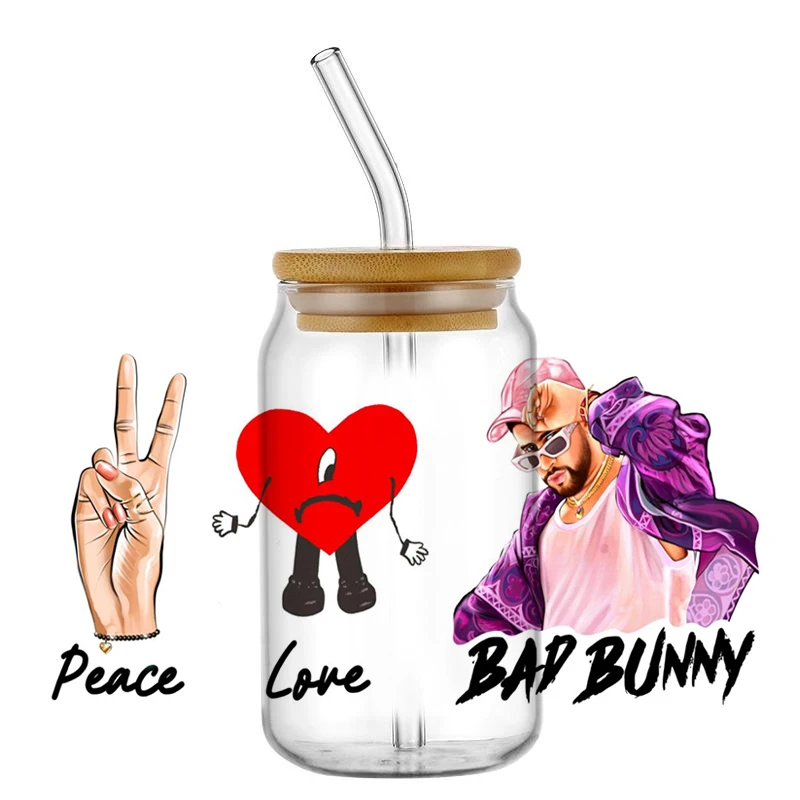 Miniso Superstar Bad Bunny Singer UV DTF Cup Wrap For 16oz Libbey Coffee Glass Can Cup uvdtf Wrap Easy peel DIY Wholesale