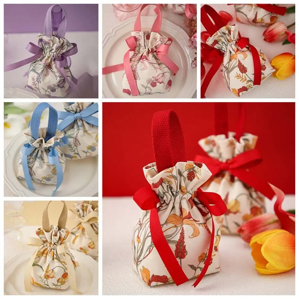 Bolsa Bowknot de grande capacidade Saco de cordão de lona floral Estilo coreano Tope Handle Festive Sugar Bag Embalagem de jóias