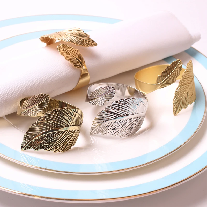 1Pc Napkin Rings Creative Leaves Feather Napkin Rack Wedding Party Festivals Christening Dinner Table Metal Napkin Holder