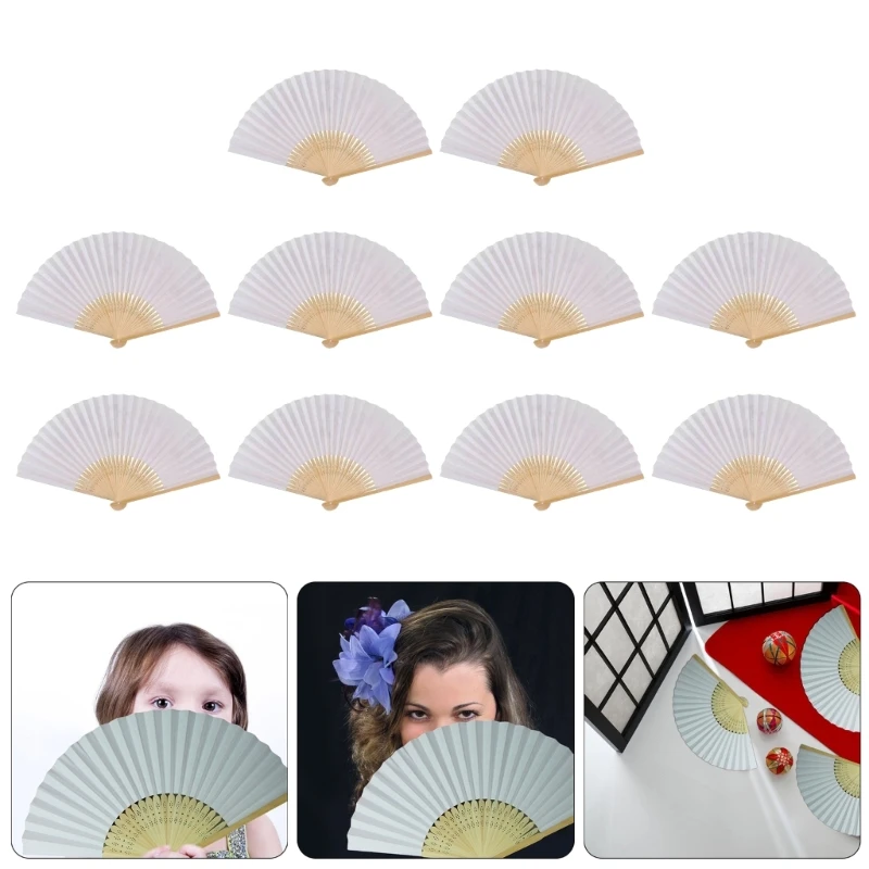 Pack of 10 Chinese Plain Paper Fan for Art and Decorations White Handheld Folding Fan Wedding Parties Decors