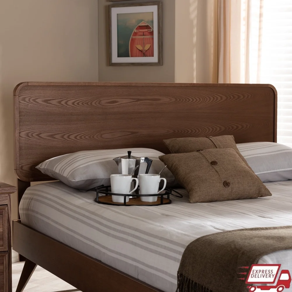 

Mid-Century Modern Full Size Headboard Walnut Brown Rubberwood Curved Edges Adjustable Height Assembly Required Stylish Design