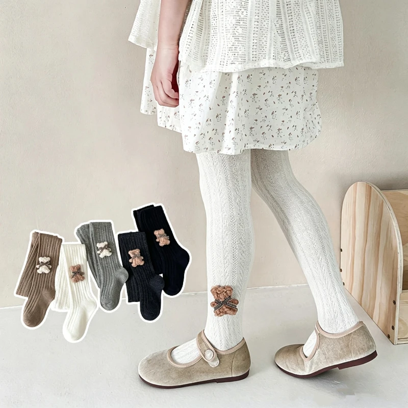 Fluffy Bear And Bow Decor Pantyhose Cute Little Girls Wear Resistant Anti Pilling Texture Comfort Stretch Fabric Daily Leggings view 2