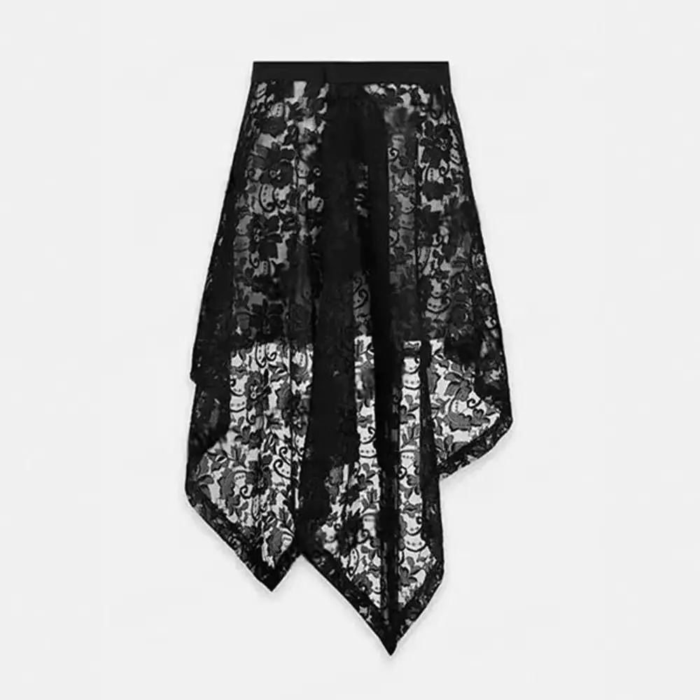 New Embroidered Flower Lace Skirt Y2K Streetwear See Through Hollow Out Skirt Irregular Harajuku Layering Skirt Jeans Decoration
