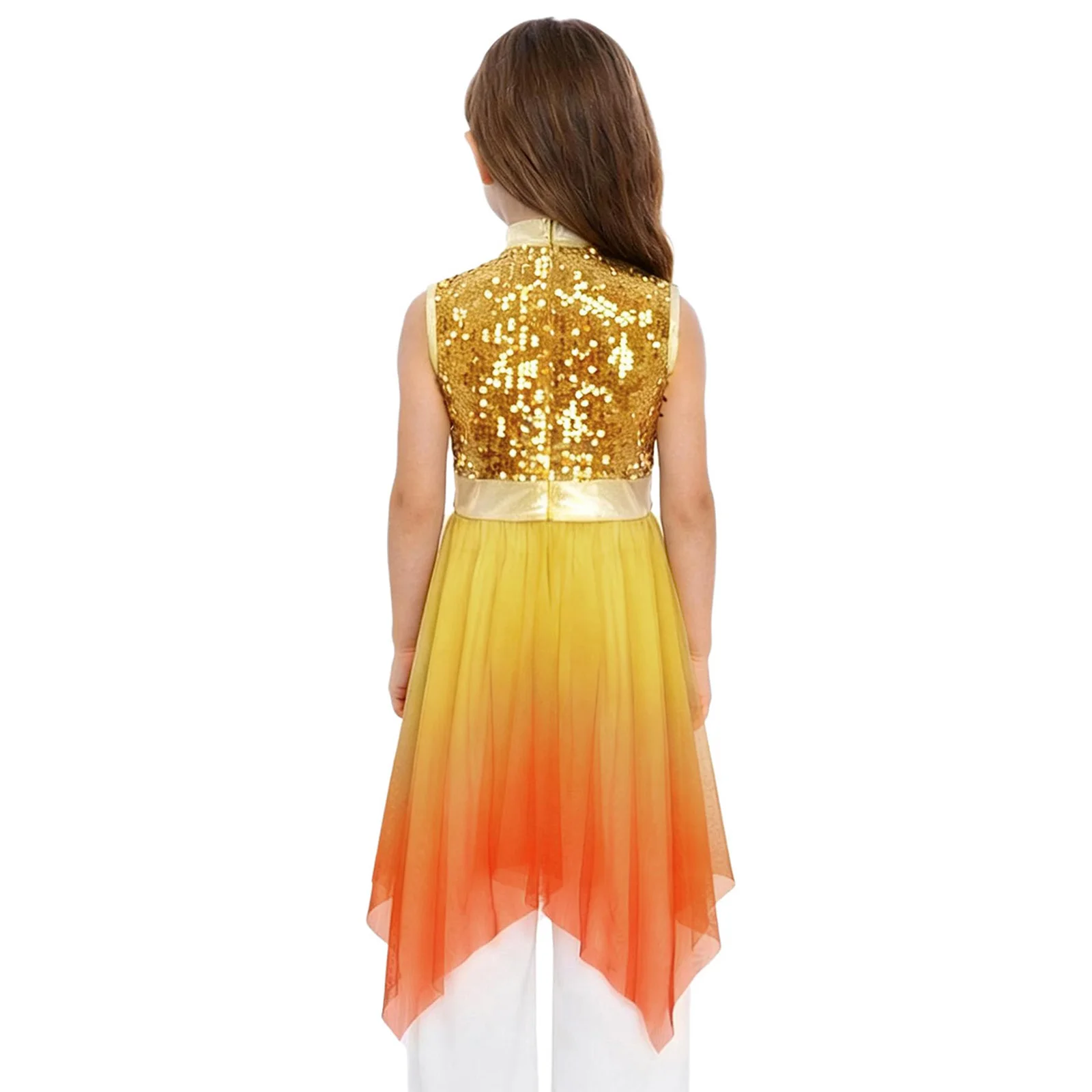 Girls Liturgical Worship Praise Dance Tunic Dresses Lyrical Contemporary Dancewear Sleeveless Sequins Bodice  Asymmetrical Dress