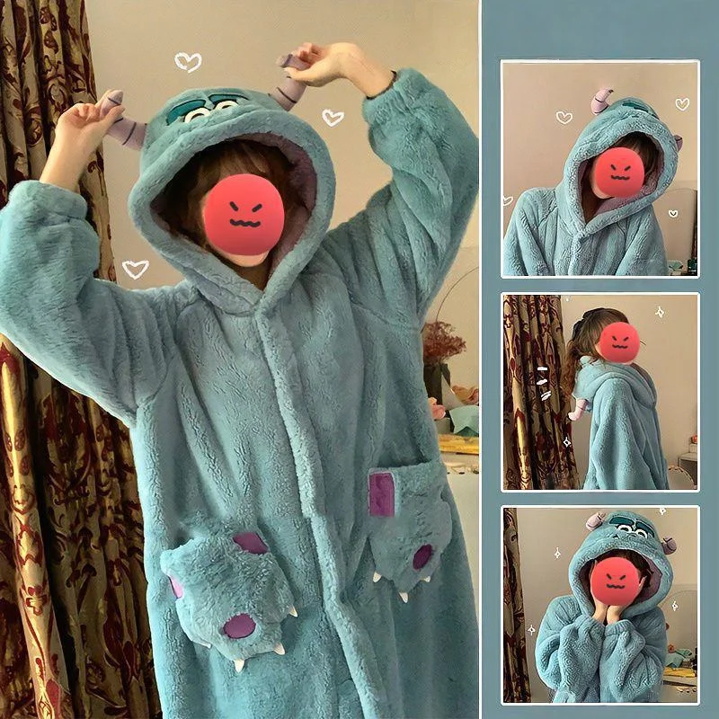 

Women's Cute Monster Pajamas Robe Winter Coral Fleece Thickened Warm Fluffy Sleepwear Outer Wear