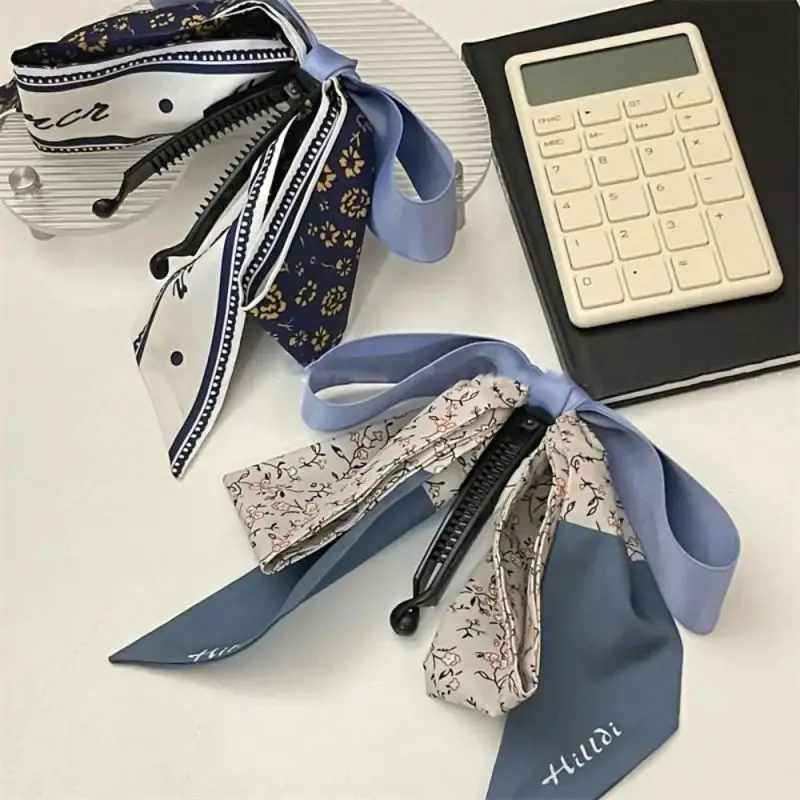 Silk Bow Banana Clip Women Elegant Ribbon Vertical Hair Clips Blue Hairpins New Fashion Headdress Hair Claw Headwear