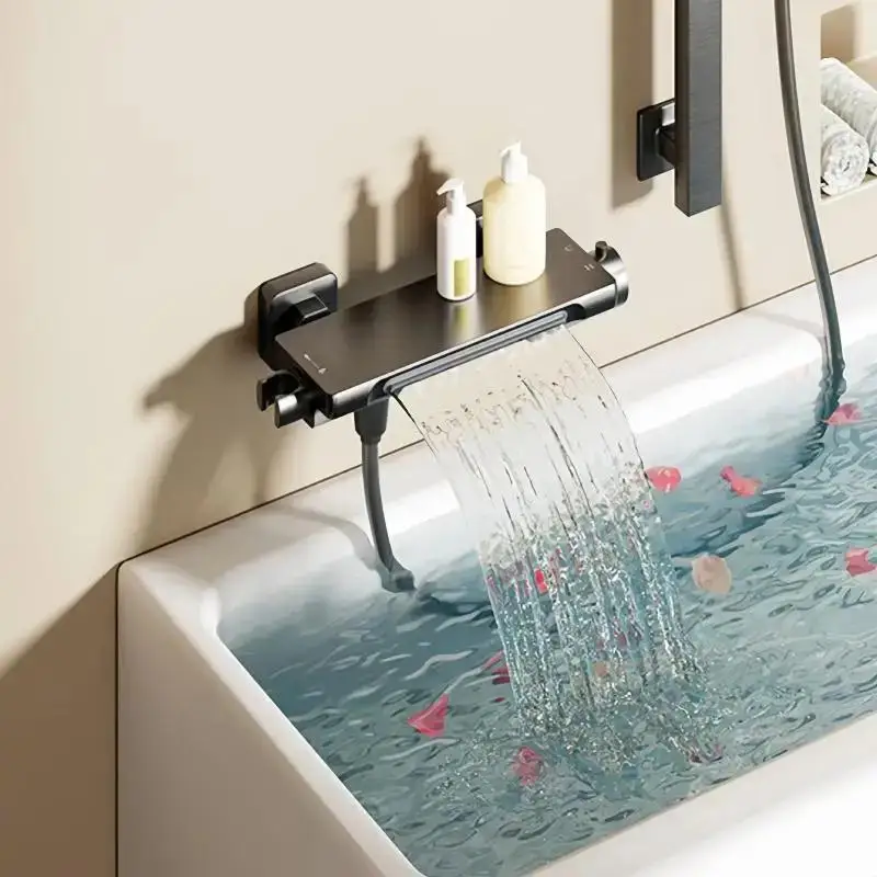 Robinet de baignoire cascade gris, ensemble de douche, salle de bains domestique, mitigeur mural en laiton chaud et froid, pomme de douche de bain