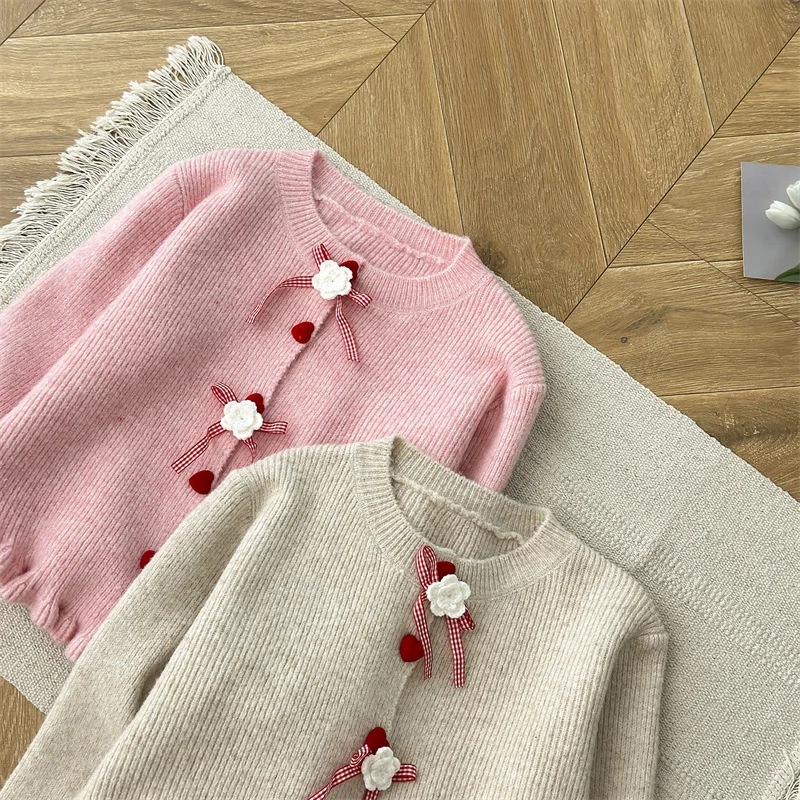 Chandails roses beiges pour femmes, cardigan décontracté, nœud de fleurs 3D, style de Noël, tenue douce pour filles, nouvel an, automne