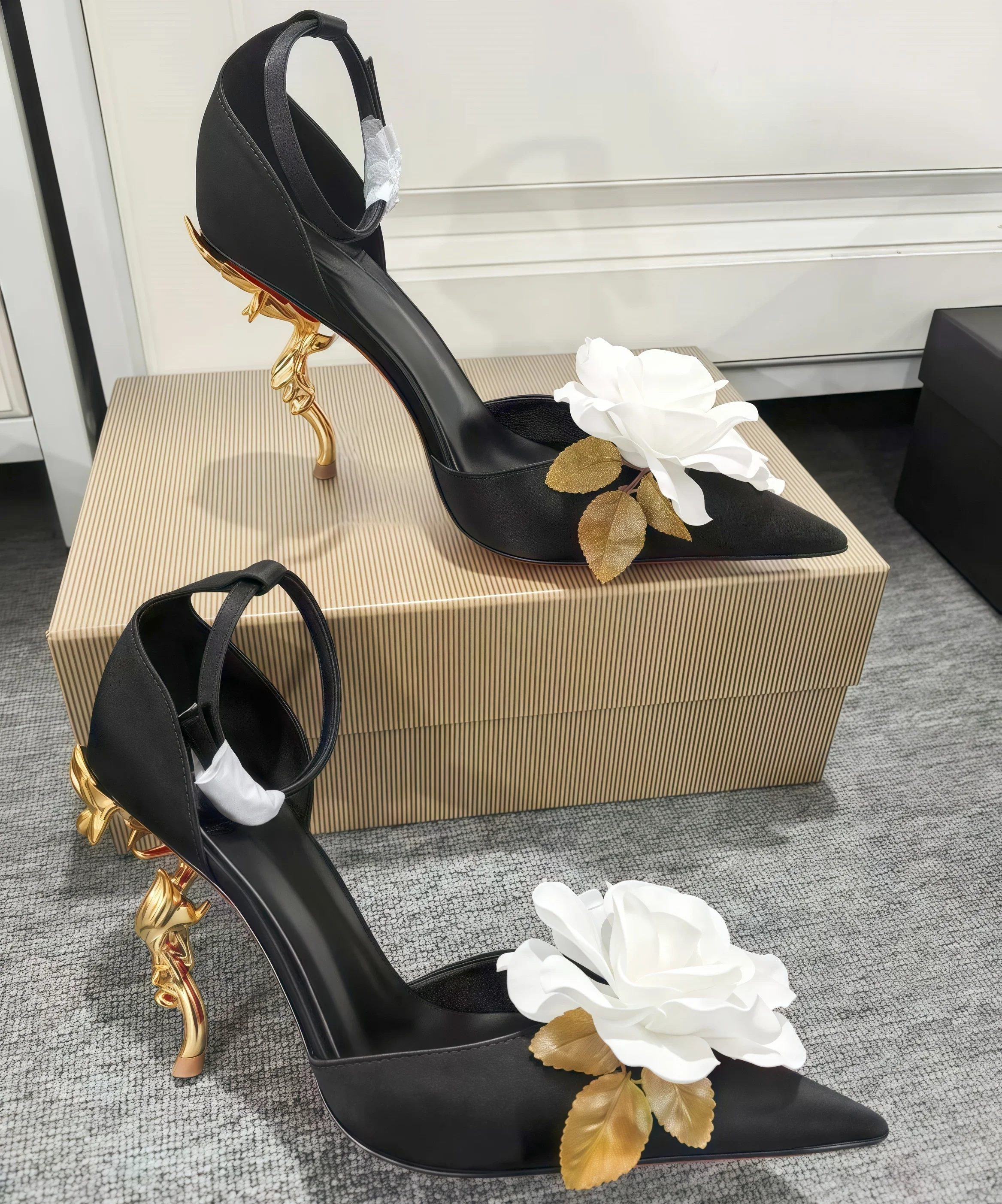 Pointed Toe Red Sole Sandals Female Metal Strange Heel High Heels Black Flannel Shoes Elegant Large White Flower Women's Pumps view 2