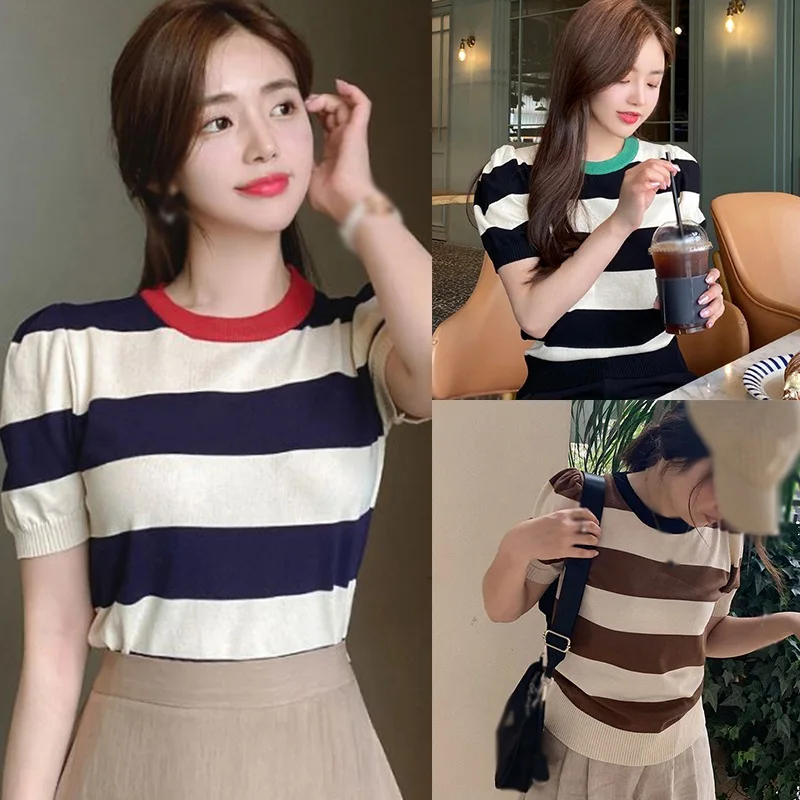 Korean Fashion Woman O Neck Color Striped Crop Tops Casual Summer Short Sleeve Knitted T-Shirt