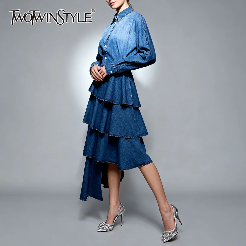 

TWOTWINSTYLE Blue Spliced Ruffles Two Piece Set Female Lapel Long Sleeve Jacket Irregular Streetwear Women's Skirt Set Fashion