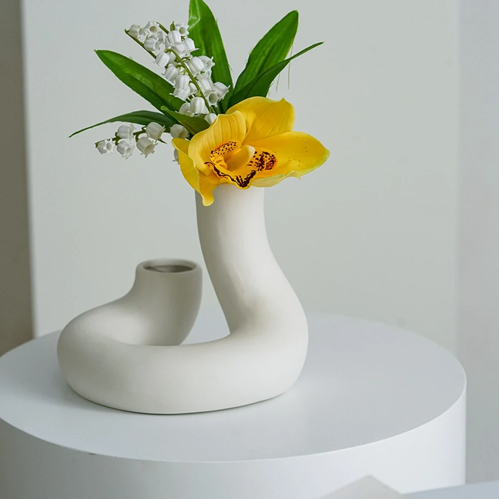 Nordic white creative tubular ceramic decorative dry flower simulation flower vase porch table decoration flower Ceramic Vase