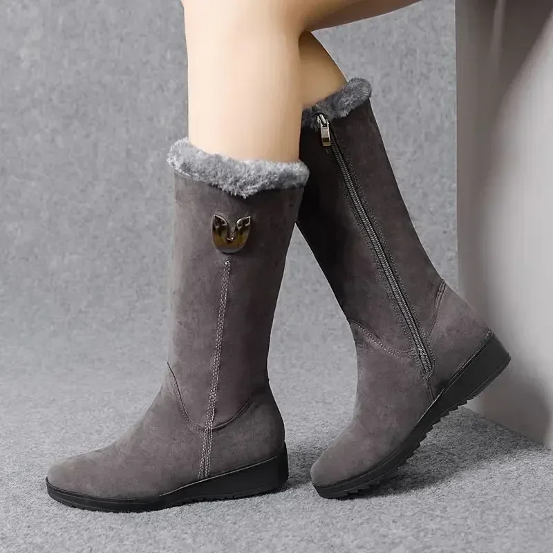 Women\'s Shoes Fashion Women Warm Chelsea High Fur Boots 2024 New Women Boots Mid-calf Plush Snow Flat Boots Zapatos Para Mujeres