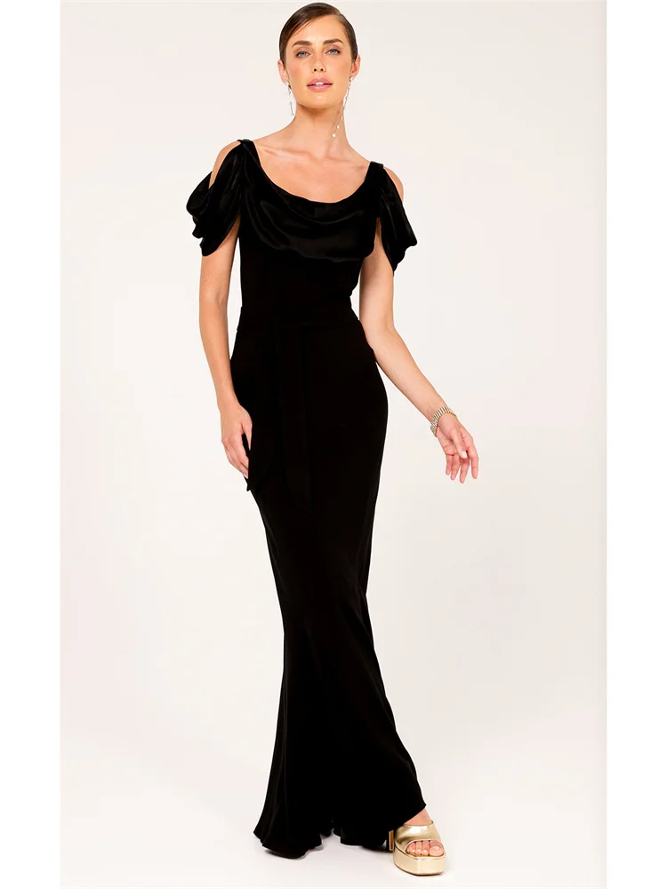 

New Arrival Cowl Neckline Draped Cap Sleeve With Keyhole Cut Out Satin Evening Dress Back Zipper Floor Length Gown For Women