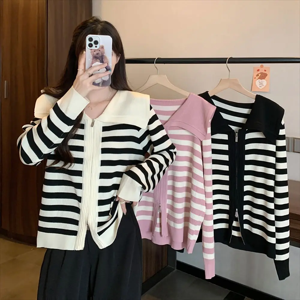 

Oversize Women Knitting Zipper Cardigans Outerwear Korean Style Sailor Collar Sweater Striped Long-sleeved Knitted Shirt Coats