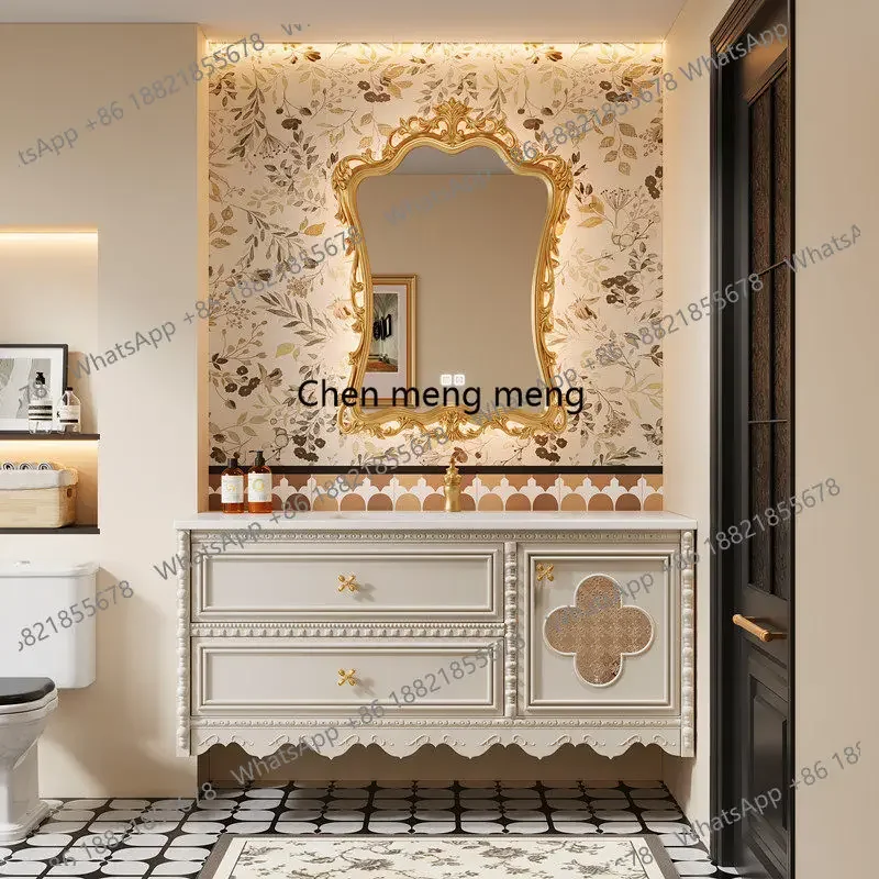 N138  French retro bathroom cabinet combination bathroom American solid wood ceramic integrated basin