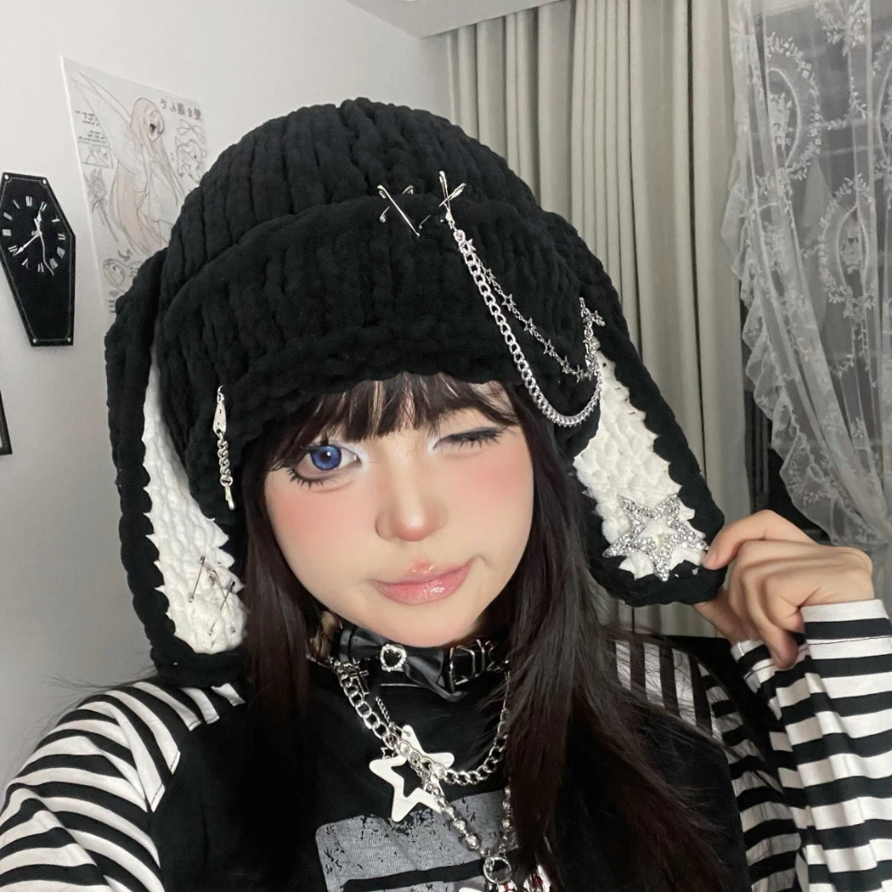 punk-style-chain-rabbit-ears-knitted-hat-winter-warm-fashion-trend-cute-metal-elements-thunderbolt-hat-funny-long-ears-hat