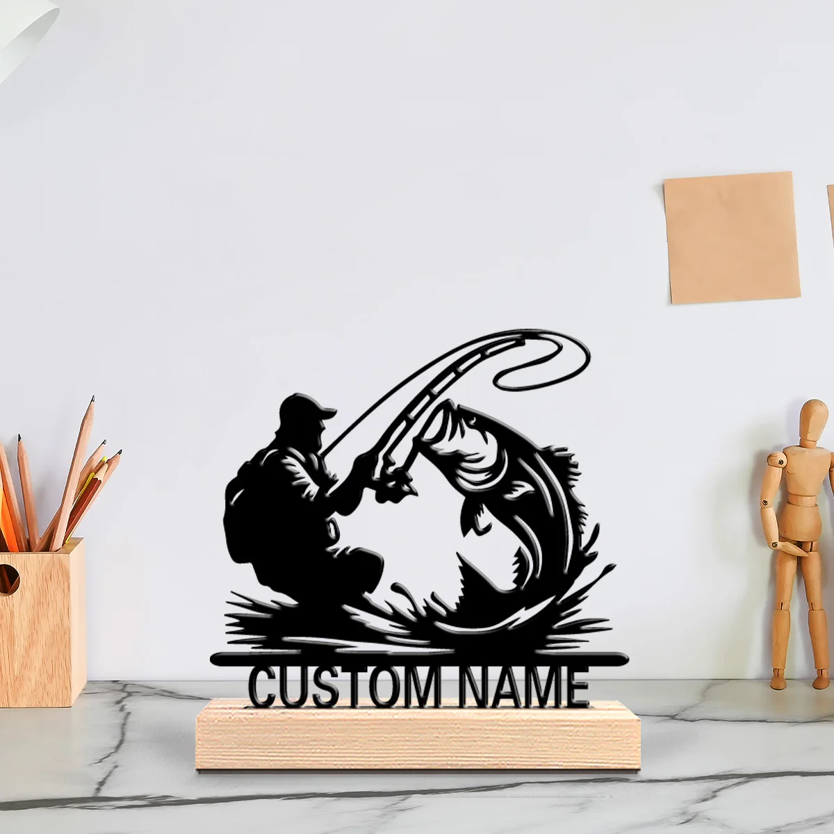 1pc Fashion fishing Custom Letter Metal Statue Metal Ornament Art Crafts With Wood Base Iron Sculpture For Youth Gifts