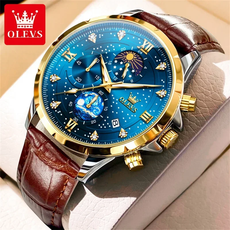 

Olevs 9807 men's watch luxury fashion moon phase Starry waterproof dial stainless steel men quartz watch Reloj Hombre