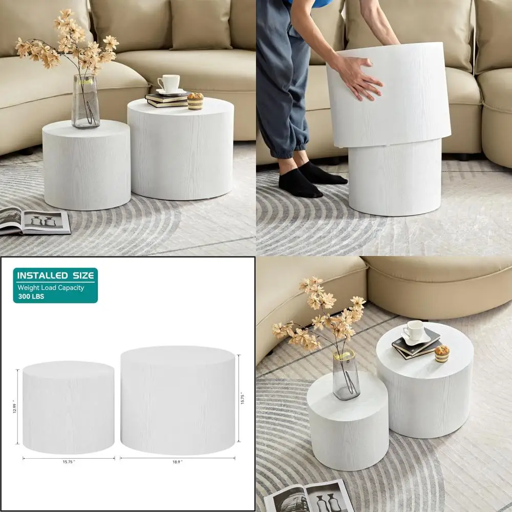 Round Wood Nesting Tables Set of 2, Small Coffee Tables for Living Room, Bedroom, Office - Easy Assembly-Free