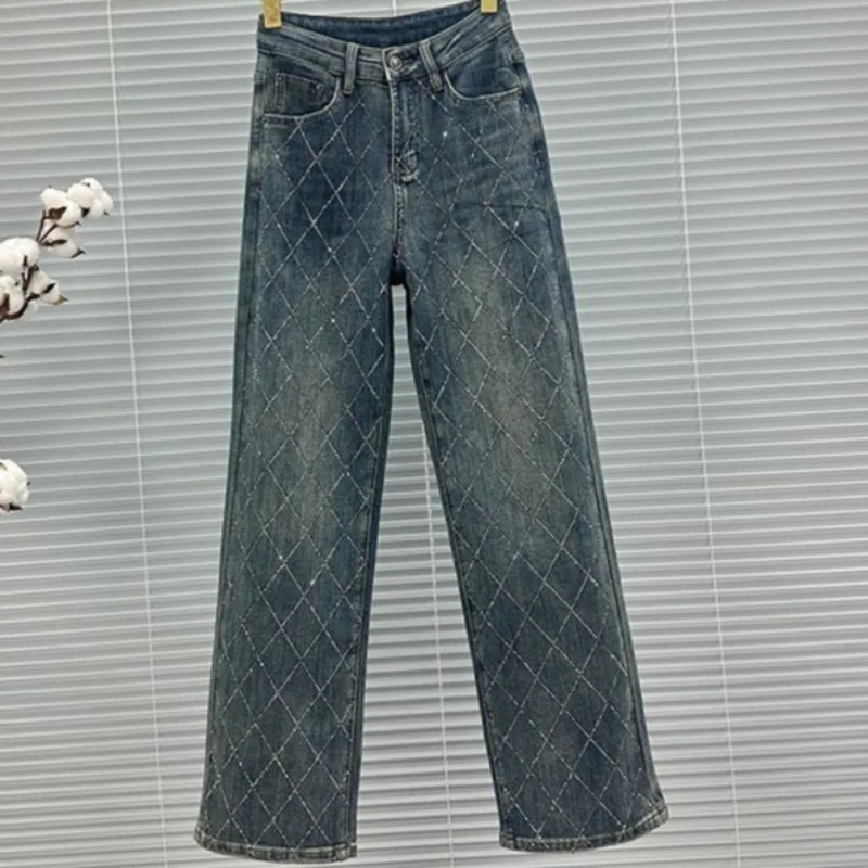 Calças de brim de luxo strass para mulheres cintura alta denim jeans elegante losango calças largas y2k moda feminina denim
