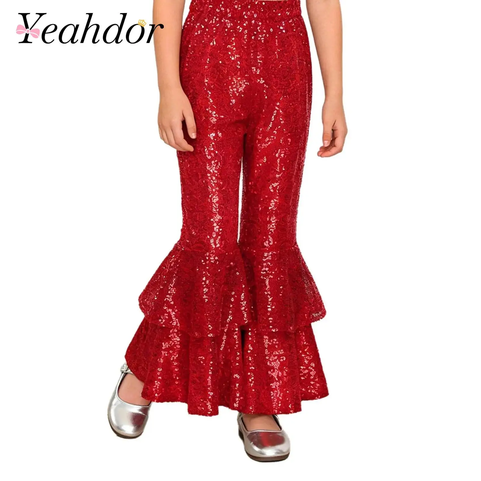 

Kids Girls Sequins Jazz Dance Flares Flared Pants Elastic Waist Shiny Trousers for Hip Hop Street Disco Party Costume Dancewear