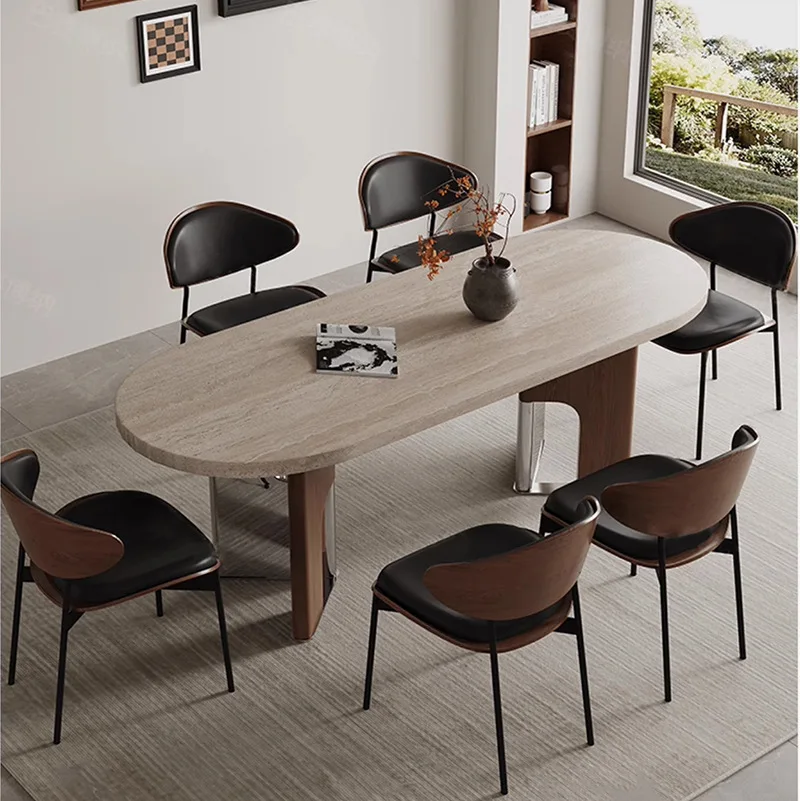 Medieval solid wood rock slab dining table hanging under the semi-circular rectangular light luxury high-end ash wood retro styl