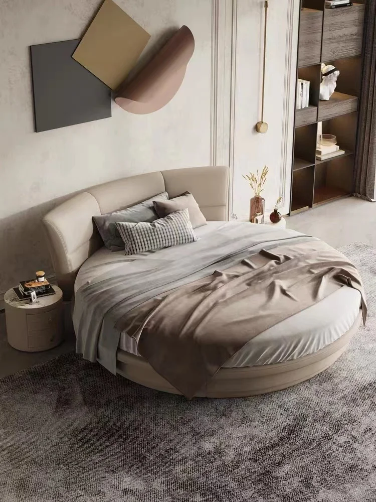 

European modern simple double leather round bed Italian minimalist round luxury romantic couple bed