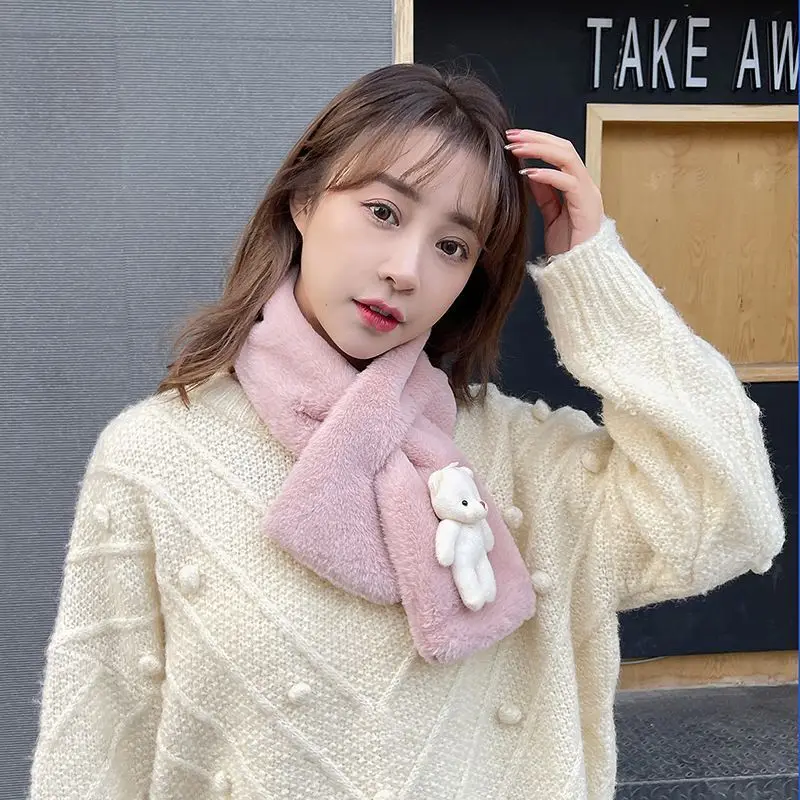 Color Optional Scarf Female Autumn Winter Wind Season Korean Version Of Cute Bear Plush Students With Thick Warm Cross Neck2023