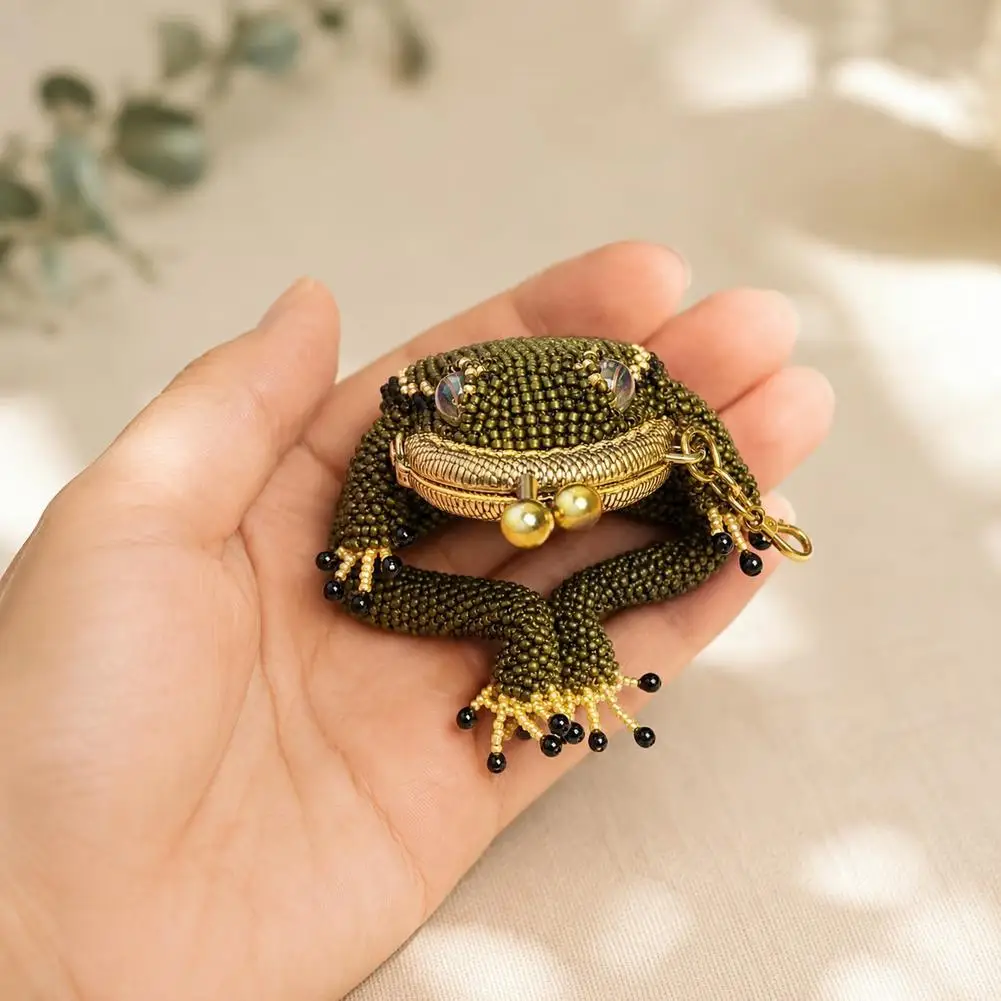 Cute Beaded Frog Coin Purse Metal Kiss Lock Mini Pouch Keychain Bag for Coins Earbuds Rings Jewelry Daily Storage Gift