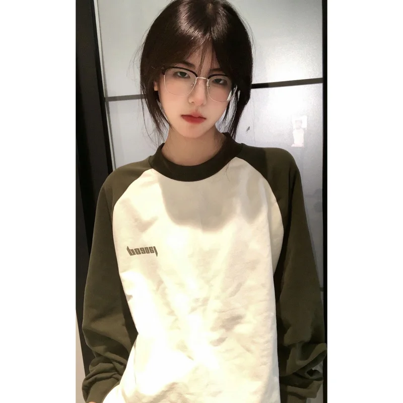 

Ретро-американское худи с цветными вставками и длинными рукавами для женщин, с декоративными вставками на плечах, в уличном стиле, для пар, весна-осень